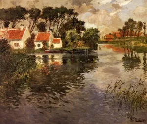 Cottages by a River Oil painting by Fritz Thaulow