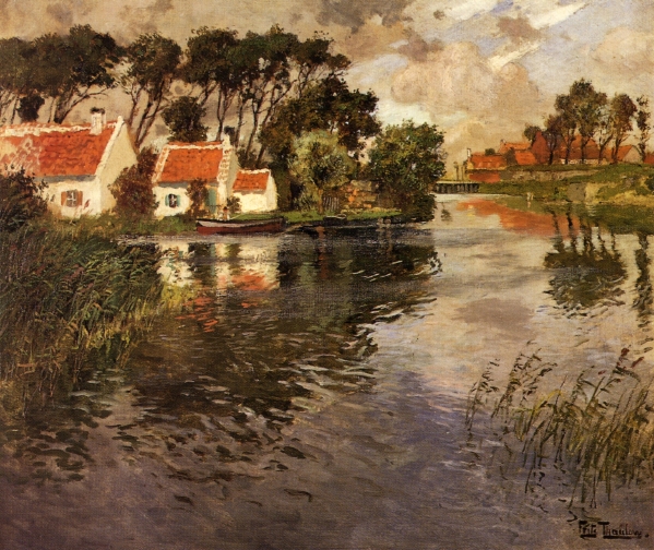 Main Product Photo of Cottages by a River Painting by Fritz Thaulow
