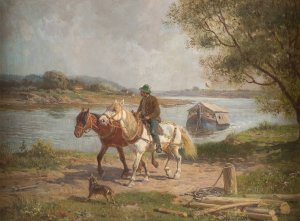 Farmer with horses by a river by Fritz Van Der Venne Oil Painting