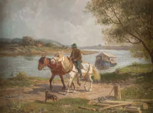 Farmer with horses by a river by Fritz Van Der Venne Oil Painting