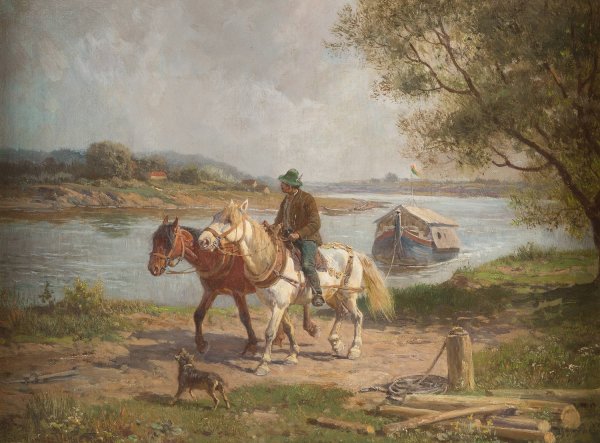 Main Product Photo of Farmer with horses by a river Painting by Fritz Van Der Venne