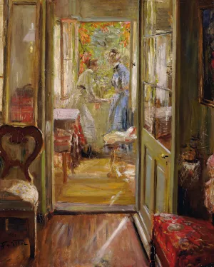 The artist's daughters in the veranda by Fritz Von Uhde Oil Painting