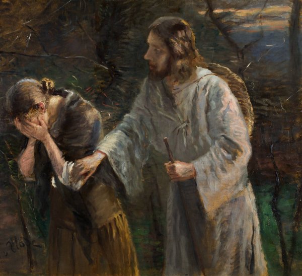 Main Product Photo of Woman, why are you crying Painting by Fritz Von Uhde