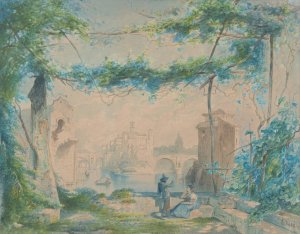 Italian Landscape With Couple At The River by Fritz Wolff Oil Painting