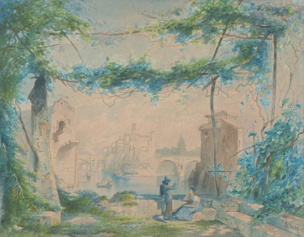 Main Product Photo of Italian Landscape With Couple At The River Painting by Fritz Wolff