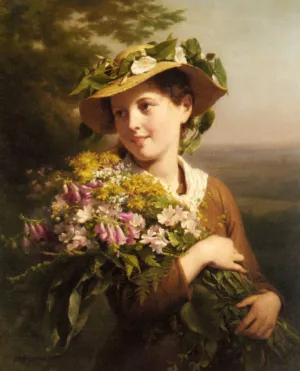 A Young Beauty Holding a Bouquet of Flowers by Fritz Zuber-Buhler - Oil Painting Reproduction