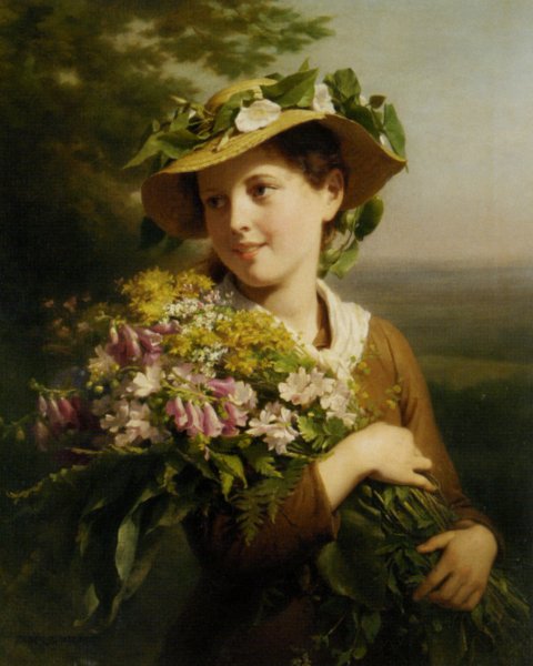 Young Beauty with Bouquet by Fritz Zuber-Buhler - Hand-Painted Oil Painting Reproduction
