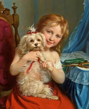 Young Girl with Bichon Frise by Fritz Zuber-Buhler - Oil Painting Reproduction