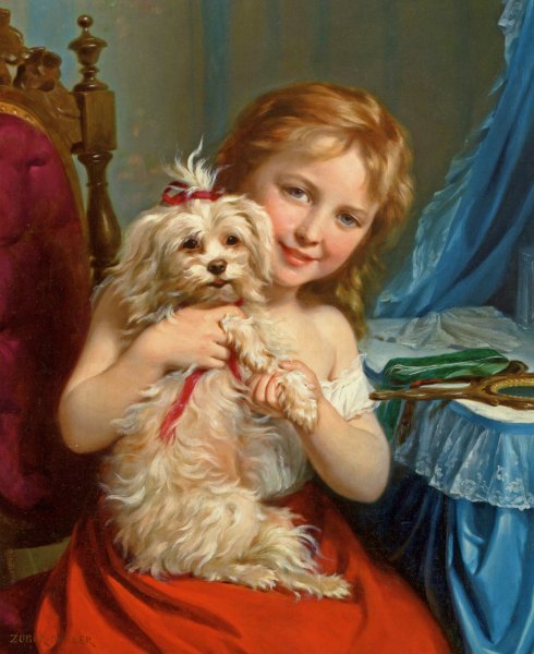 Main Product Photo of Young Girl with Bichon Frise Painting by Fritz Zuber-Buhler