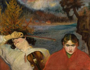 Fiddler - Symbolic scene against landscape by Fryderyk Pautsch Oil Painting