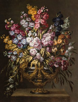 A Pair Of Still Lifes Of Flowers In Elaborate Gilt Urns, Each On A Stone Pedestal by Gabriel De La Corte Oil Painting