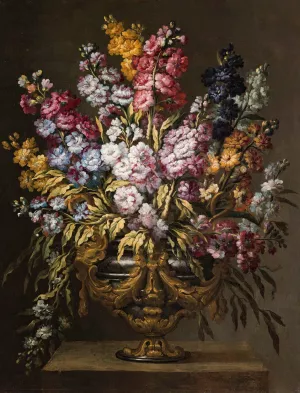 A Pair Of Still Lifes Of Flowers In Elaborate Gilt Urns, Each On A Stone Pedestal by Gabriel De La Corte Oil Painting