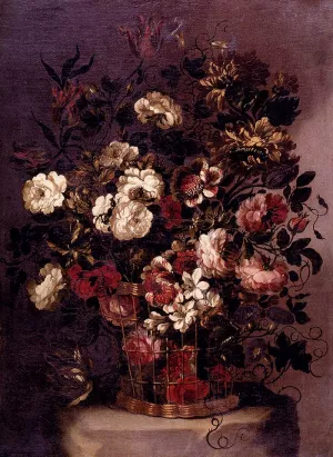 Still-Life of Flowers in a Woven Basket by Gabriel De La Corte Oil Painting