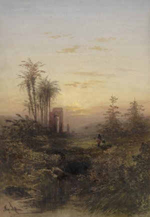 Sunset in an Oriental Landscape by Gabriel Hippolyte Lebas Oil Painting