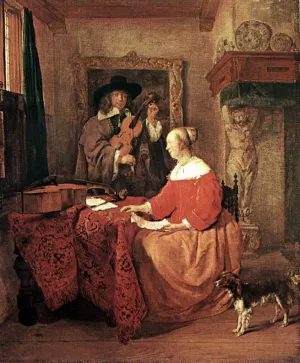 A Woman Seated at a Table and a Man Tuning a Violin by Gabriel Metsu - Oil Painting Reproduction