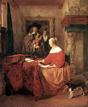 A Woman Seated at a Table and a Man Tuning a Violin Oil painting by Gabriel Metsu