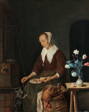 Woman Eating, Known as 'The Cat's Breakfast' by Gabriel Metsu Oil Painting