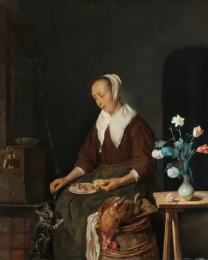 Woman Eating, Known as 'The Cat's Breakfast' by Gabriel Metsu Oil Painting