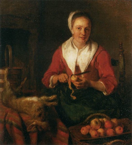 Main Product Photo of Woman Peeling an Apple Painting by Gabriel Metsu
