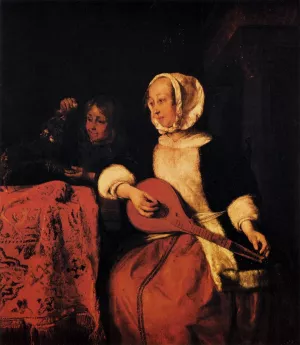 Woman Tuning a Mandolin by Gabriel Metsu - Oil Painting Reproduction