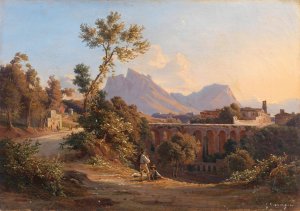 The Bridge and the Church of San Francesco in Cava de'Tirreni, near Salerno by Gabriele Smargiassi Oil Painting