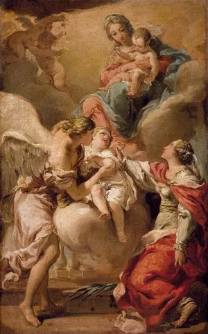 St Giustina and the Guardian Angel Commending the Soul of an Infant to the Madonna and Child Oil painting by Gaetano Gandolfi