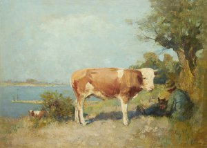 Landscape With A Cow And A Herdsman Resting by Gari Melchers Oil Painting