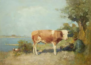 Landscape With A Cow And A Herdsman Resting by Gari Melchers Oil Painting