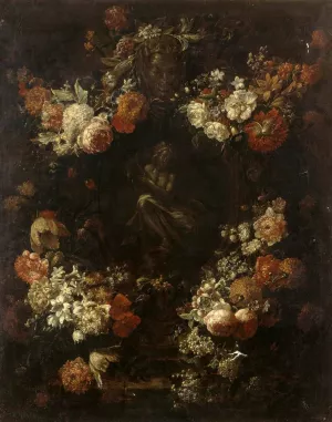 Apollo the Kithara Player Framed with a Garland of Flowers by Gaspar Verbruggen The Younger - Oil Painting Reproduction