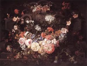 Cartouche with Flowers by Gaspar Verbruggen The Younger Oil Painting
