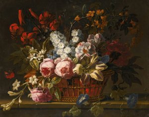 Still life of pink roses, tulips, hyacinths, jasmine and other flowers loosely arranged in a wicker basket, all upon a stone ledge by Gaspar Peeter Verbruggen The Elder Oil Painting