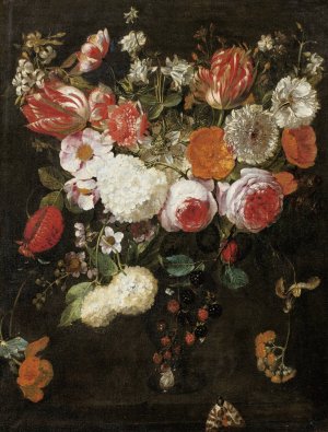 Still Life With Roses, Tulips And Other Flowers In A Vase Together With Blackberries And A Moth by Gaspar Peeter Verbruggen The Elder Oil Painting