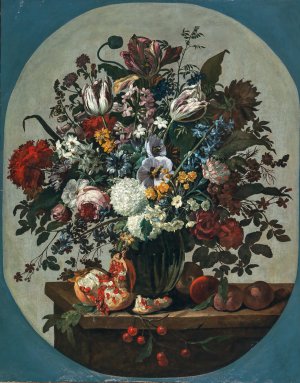 Tulips, squills hydrangeas, peonies, and other flowers in a vase surrounded by pomegranates and other fruit, on a stone ledge by Gaspar Peeter Verbruggen The Elder Oil Painting