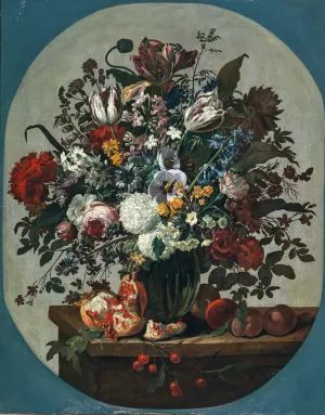 Tulips, squills hydrangeas, peonies, and other flowers in a vase surrounded by pomegranates and other fruit, on a stone ledge by Gaspar Peeter Verbruggen The Elder Tulips, squills hydrangeas, peonies, and other flowers in a vase surrounded by pomegranates and other fruit, on a stone ledge Oil painting by Gaspar Peeter Verbruggen The Elder