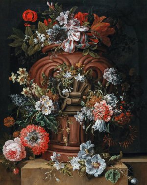 Flowers in a sculpted urn on a stone ledge by Gaspar Peeter Verbruggen The Younger Oil Painting