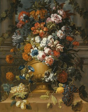 Flowers In An Urn With Fruit On A Pedestal by Gaspar Peeter Verbruggen The Younger Oil Painting