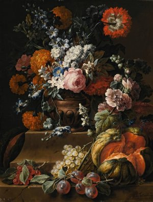 Still Life With Hollyhock, Carnations, And Various Flowers In A Vase On A Plinth With A Melon, Cherries, Grapes And Plums On A Ledge by Gaspar Peeter Verbruggen The Younger Oil Painting