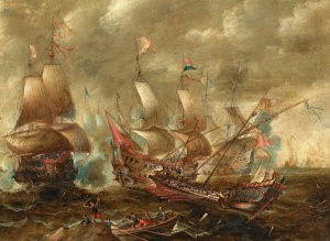 A naval battle by Gaspar Van Eyck Oil Painting