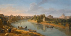 Rome, A View Of The River Tiber At The Porto Della Legna Looking Towards Castel Sant'Angelo, With Saint Peter'S Basilica In The Distance by Gaspar Van Wittel Oil Painting