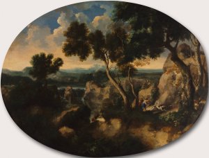 Rocky Landscape with Hunters by Gaspard Dughet Oil Painting