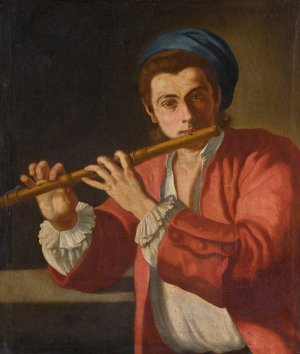 A young man playing a flute by Gaspare Traversi Oil Painting