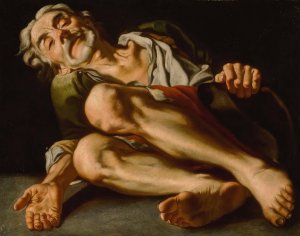 An Old Beggar, Lying Down, His Hand Reaching Out by Gaspare Traversi Oil Painting