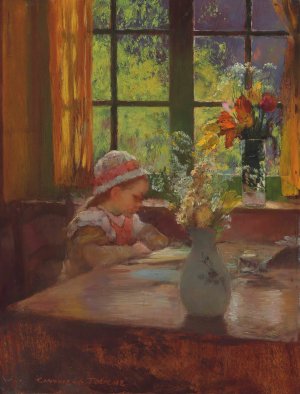 A young girl with bonnet reading by a window by Gaston La Touche Oil Painting