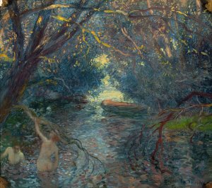 Pond, Bathers, Canoe by Gaston La Touche Oil Painting