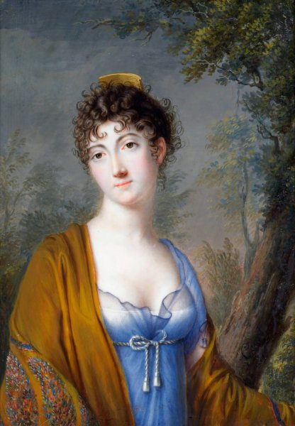 Main Product Photo of Lady in Blue with Yellow Shawl  Painting by Genot