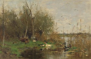 Ducks beside a duck shelter on a ditch by Geo Poggenbeek Oil Painting
