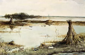 Ducks In A Landscape Near Kortenhoef by Geo Poggenbeek Oil Painting