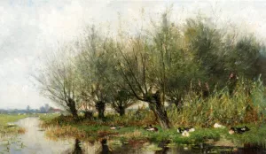 Ducks On A Riverbank Under The Pollard Willows by Geo Poggenbeek Oil Painting