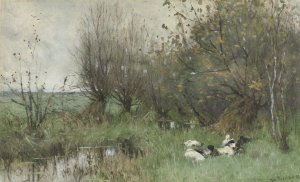 Eenden bij een wilgenbosje by Geo Poggenbeek Oil Painting