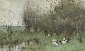 Eenden bij een wilgenbosje by Geo Poggenbeek Oil Painting